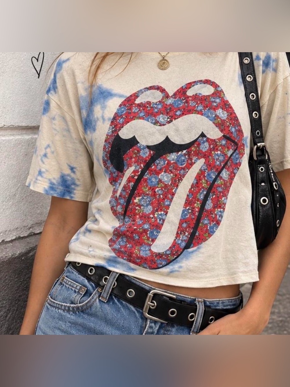 Y2K Rolling Stones Floral Tongue Tie Dye Crop Tee XS Rock Band Graphic Shirt